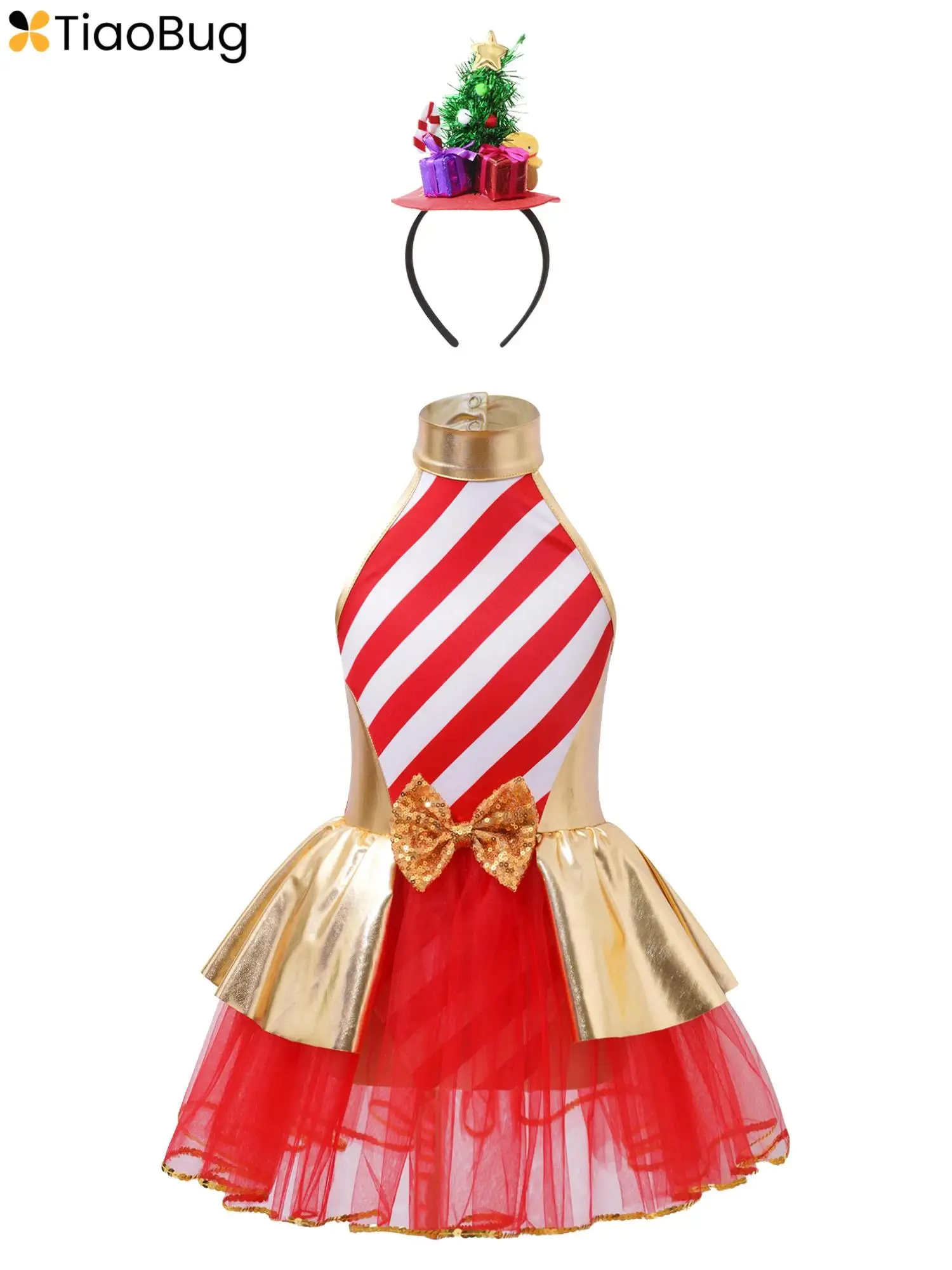 

Kids Girls Christmas Dance Dress Candy Cane Striped Costume Ballet Tutu Dress Leotard Figure Ice Skating Dress Dancewear