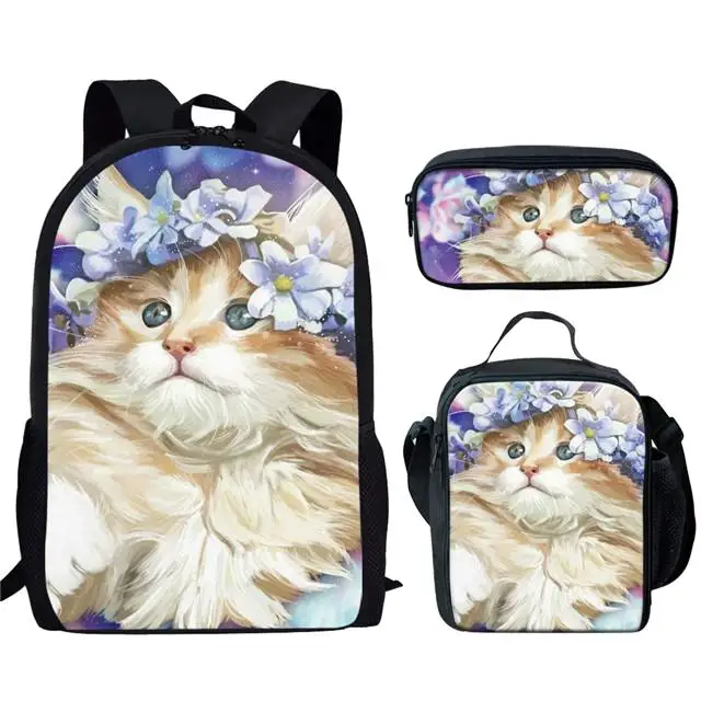 Harajuku Cute Cat Pattern 3pcs/Set Backpack 3D Print School Student Bookbag Travel Laptop Daypack Shoulder Bag Pencil Case
