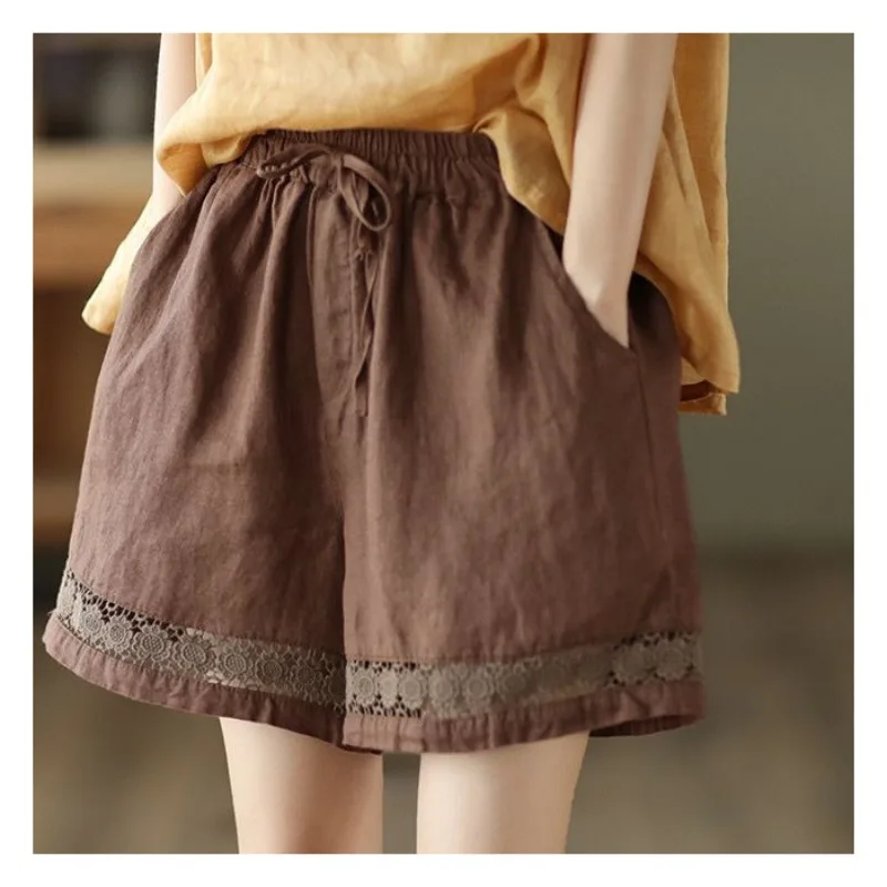 Retro Linen Wide-leg Shorts Women's Thin Summer Elasticized High-waisted Drawstring Hook Flower Hollow Solid Color Casual Pants