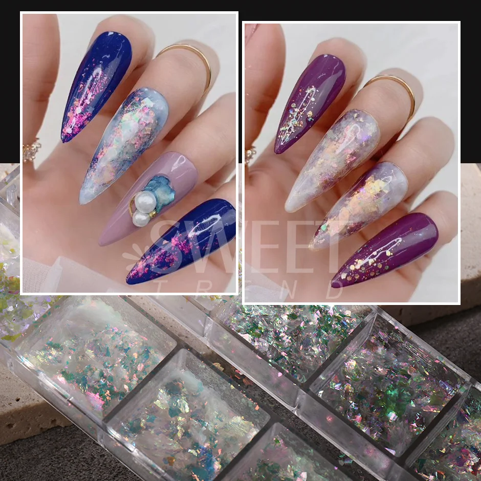 12 Grids Holographic Opal Fire Flakes Nail Art Glitter Powder Set