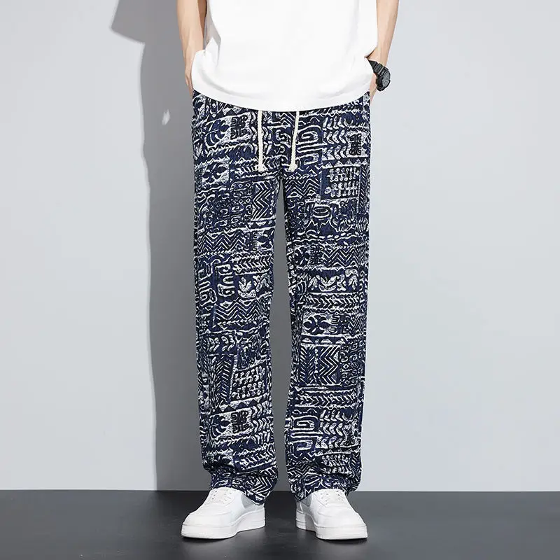 Korean Fashion Men Clothing Loose Straight Pants Summer Streetwear Casual Print Elastic Waist Drawstring Versatile Thin Trousers