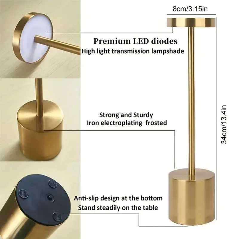 LED Light Touch Metal Table Lamp USB Rechargeable Three Colors Dimmable Desk Bedroom Night Light For Bar Room Decoration
