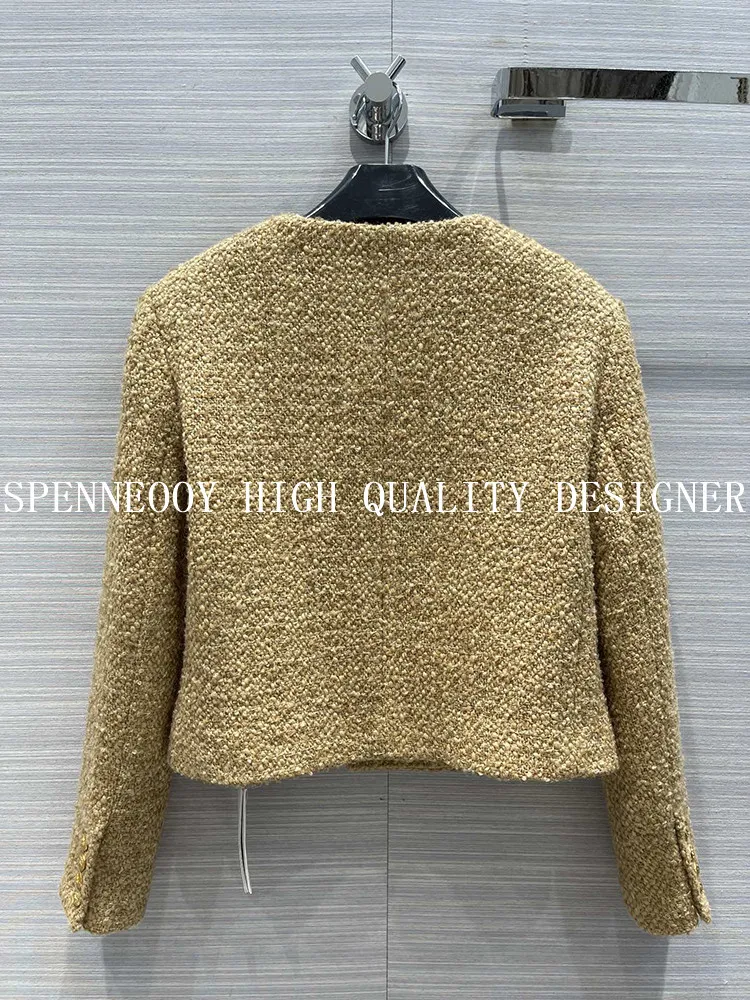 SPENNEOOY-2022 디자이너 싱글 브레스트 골드 트위드 위브 재킷 코트 여성용, 가을 패션