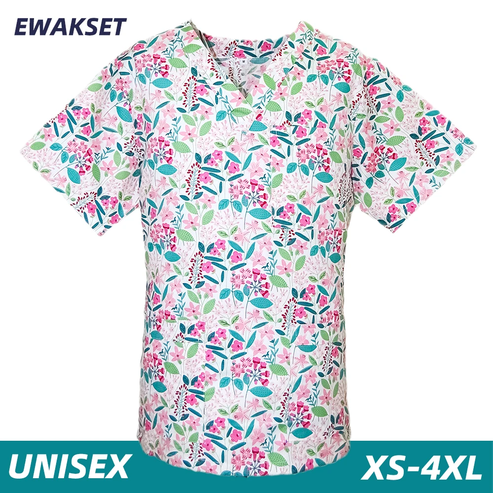 Women Short Sleeve V Neck Medical Scrubs Printed Scrubs Tops Beauty salon Uniform Hospital Nurse working Blouse Lab Unifroms
