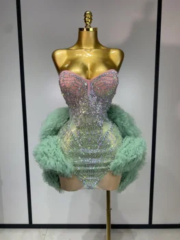 Women Sexy Strapless Backless Green Diamonds Mesh Dress Birthday Party Costume Bar Nightclub Singer Stage Performance Outfit 1