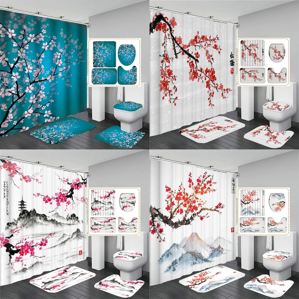 

Japanese Cherry Blossom Shower Curtain Set Non-Slip Rug Toilet Lid Cover Bath Mat Spring Sakura Flower Pastoral Bathroom Curtain