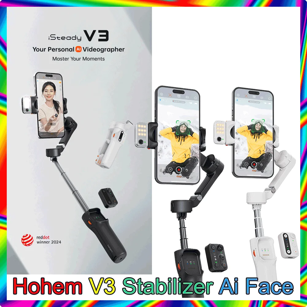 Hohem V3 Smartphone Stabilizer 3-Axis Phone Gimbal with Ai Face Tracking Built-in Selfie Stick for iPhone15/Samsung