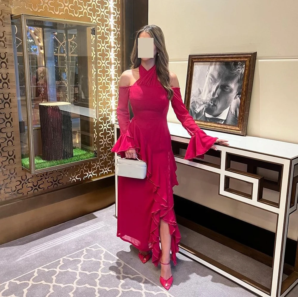 

POMUSEFuchsia Halter Prom Dresses Arabia Women Wear Simple Ruffles Flare Sleeves Party Evening Dresses فساتين مناسبة رسمية