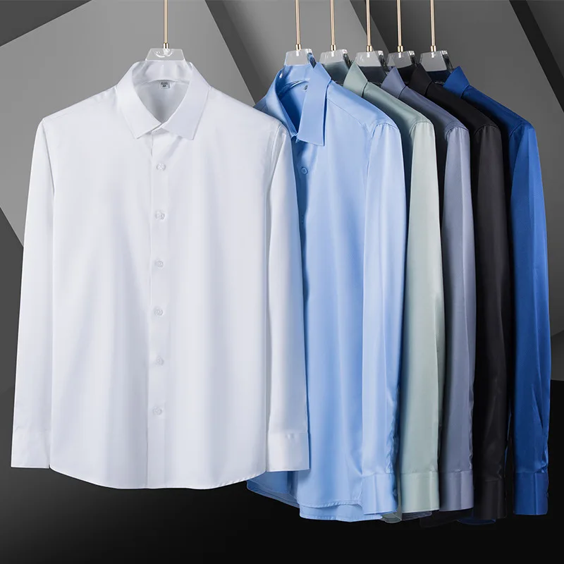 New High Quality Solid Color Stretch Anti-Wrinkle Men Shirts Long Sleeve Dress Shirts Slim Social Business Casual Shirt S- 5XL