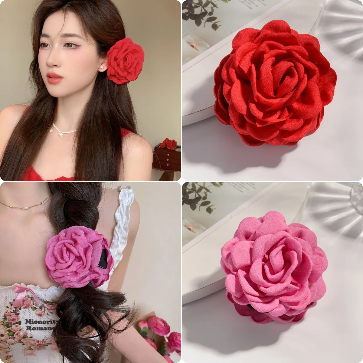 Vibrant Cotton Rose Flower Hair Claw Clips - Medium Size Shark Clamp
