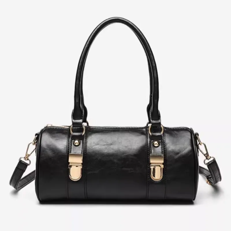 Retro Black leather Handbag Women Oil Wax Leather Large Capacity Handbag Ladies Cylinder Versatile Commute Crossbody Bags 2025