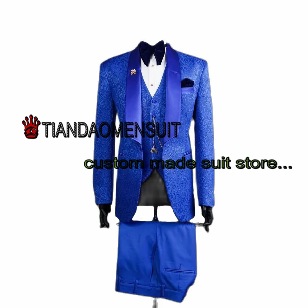 

Royal Blue Pattern Jacket Pants Vest Men's Suit Three Piece Shawl Collar Formal Wedding Tuxedo Groomsman Jacket Set