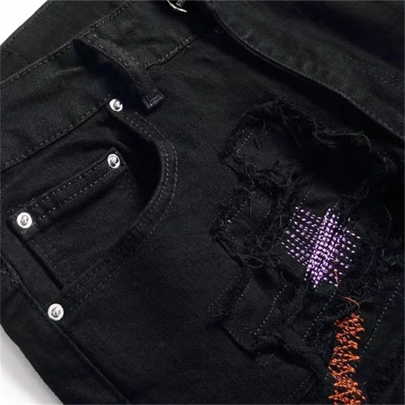 EH·MD® Handmade Embroidered Jeans Men Worn Out Scratched Double Layer Inner Zipper Decoration Soft Slim Fit Cotton Elastic Pants