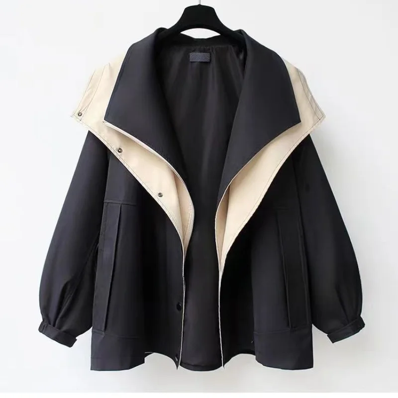 Autumn Chic Women's Windbreaker Contrast Fake Two-Piece Zip Button Wind Coat Belt Hoodie Casual All-Match Trend Outwear Jacket 3