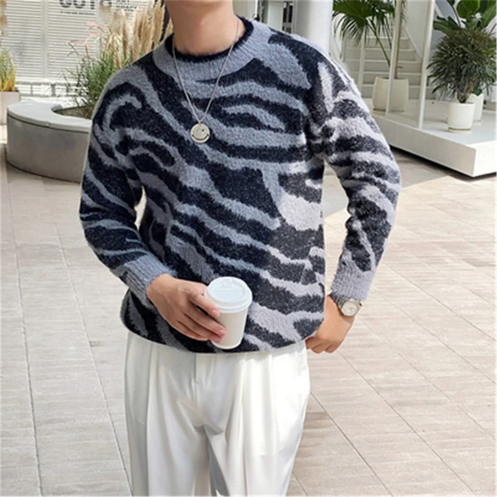 

Men Leopard Pattern Sweaters Long Sleeve Korean Style Wool Pullover Slim Fit Knitwear Male O Neck Knitting Men Clothing Autumn