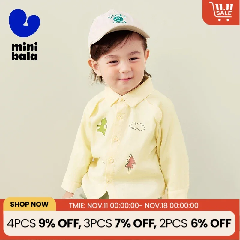 Mini Bala Boys' Loose and Fashionable Autumn New Product Skin-Friendly Long Sleeve Shirt.