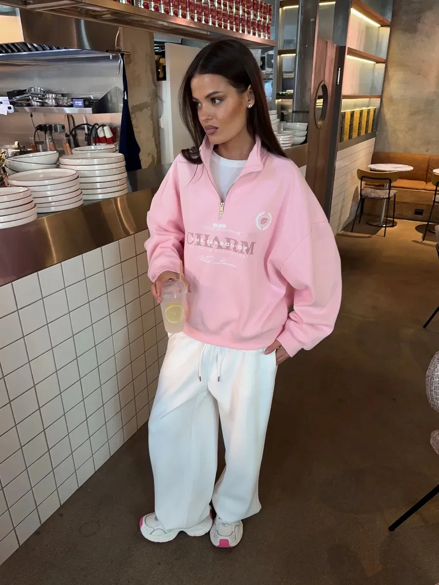European Retro Badge Letter Printed Half-Zip Lapel Sweater Y2K Fashion Personality Casual Simple Style Sports Women's Streetwear