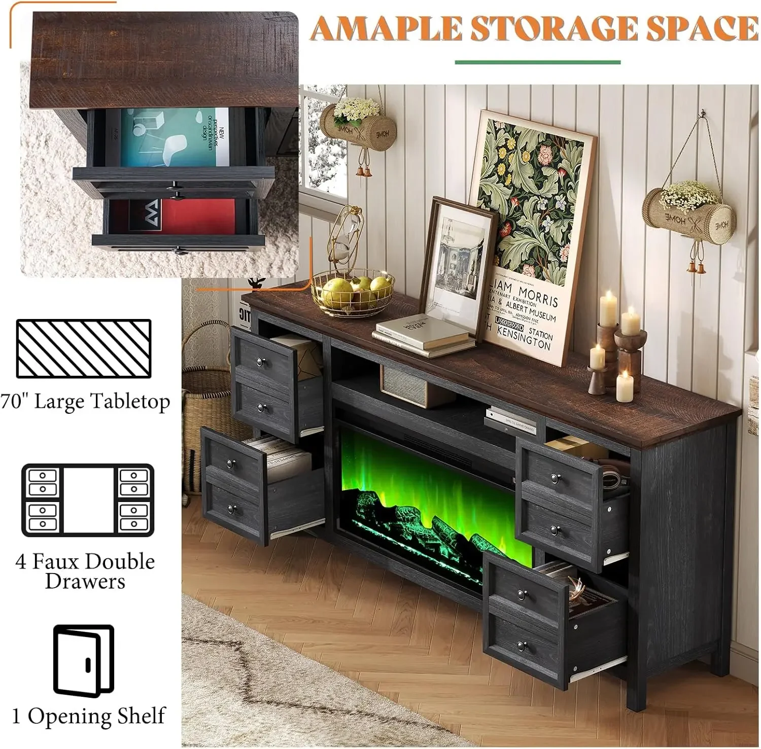 NEW-70" Farmhouse TV Stand with 37" 7,Color Fireplace for 80" TVs,Dresser Stand w/Heater,4 Storage Drawers, Grey