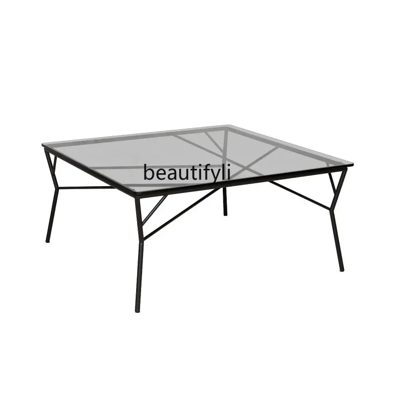 

Minimalist Light Luxury Square Metal Tea Table Living Room Black Glass Coffee Table