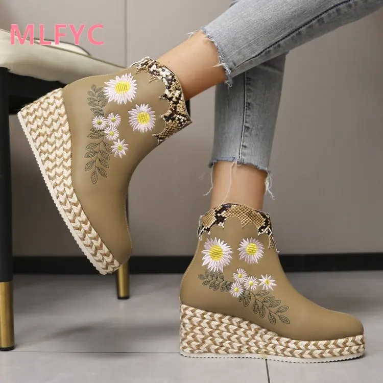 Ethnic style women's shoes embroidered ladies waterproof platform embroidered boots high heels sloping heels short boots