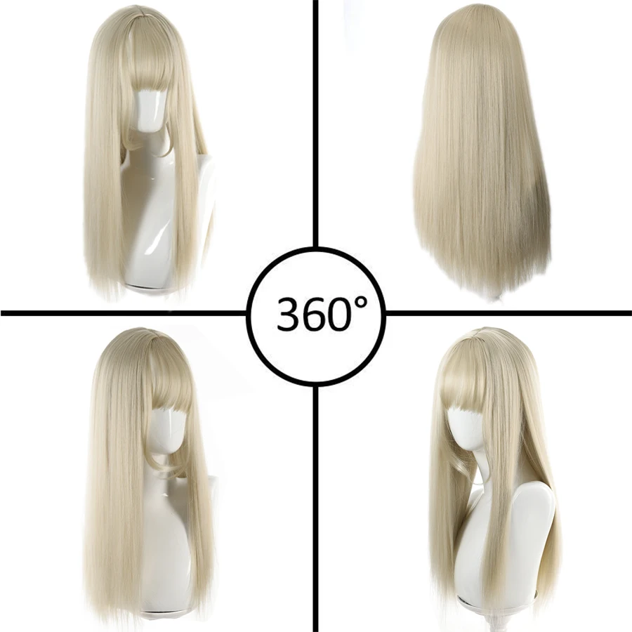 Straight Layered White Gold Wigs with Neat Bangs High Density Synthetic Natural Fake Hair Wig for Women Daily Cosplay Party Wigs