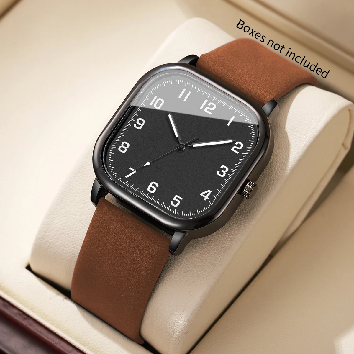Fashion Square Men Watches Brown Leather Strap Black Dial Casual Daily Quartz Wristwatch Relogio Masculino（Without Box）