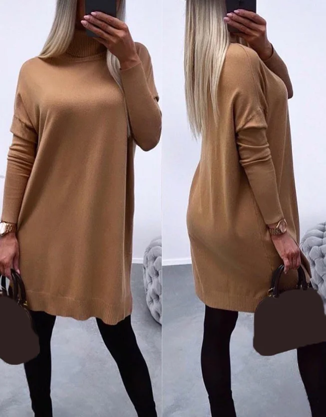 

2023 Women's Hot Selling New Popular Casual Fashion High Neck Long Sleeve Knitted Sweater Dress In Stock