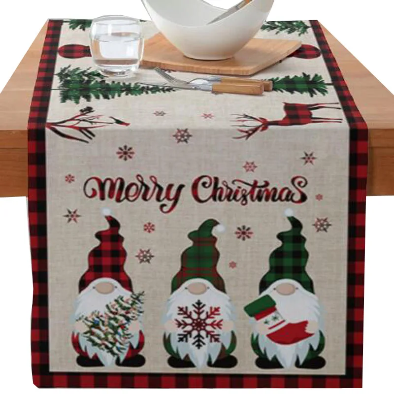 New Christmas Poinsettia Flower Faceless Gnome Elk Tree Snowflake Printed Table Runner Flag Tablecloth Table Cloth Cover Decor