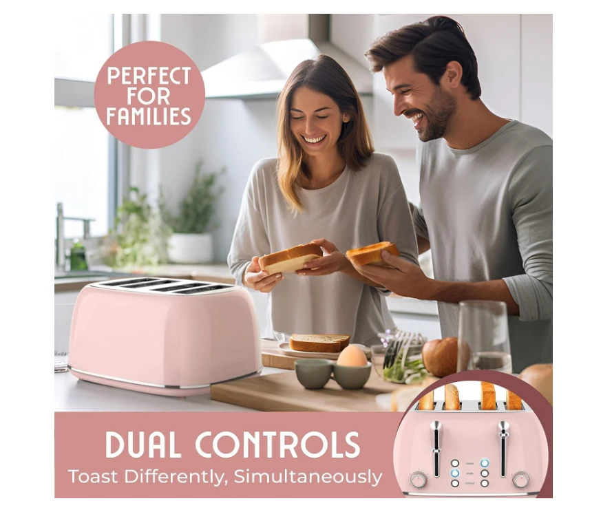 Retro Toaster 4 Slice with Extra Wide Slots Bagel, Defrost, 6 Browning Levels, Dual Independent Controls, Removable Crumb Tray 4
