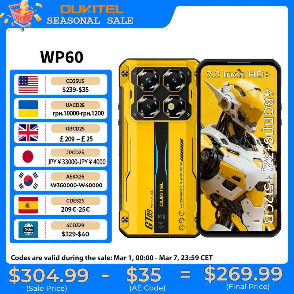 OUKITEL WP60 10000mAhタフネススマホ 7.2インチHD+ディスプレイ 48GB