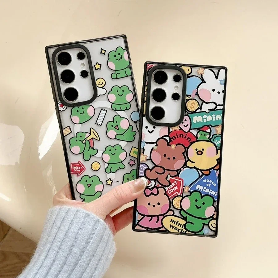 Frog MagSafe Acrylic Black Border Magnetic Phone Case for Samsung Galaxy S22U S23 Ultra S24 Ultra Cover Protective Shell