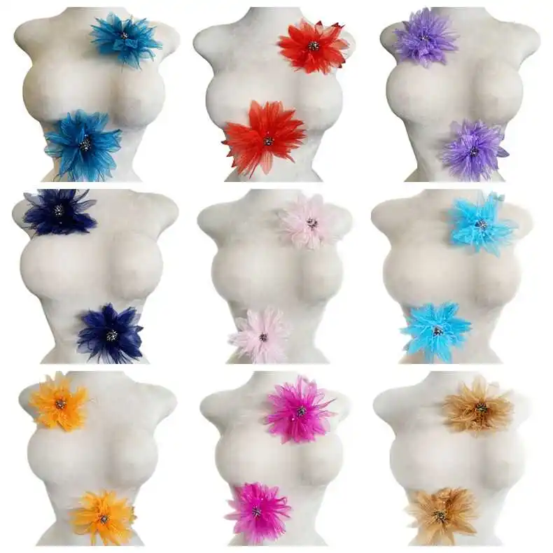 12 Colors 2 Pieces Handwork Beaded Crystal Tulle Floral Dress Accessories Mesh Flower Clothing Sparkling Decorations