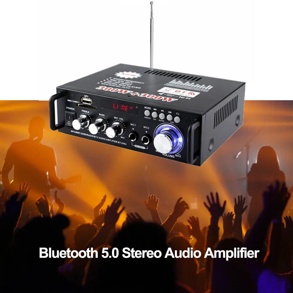 

Digital HiFi Sound Stereo Audio AMP BT-298A Bluetooth-Compatible 5.0 12V/ 220V 2CH LCD Display 300W+300W EU Plug Amplifier