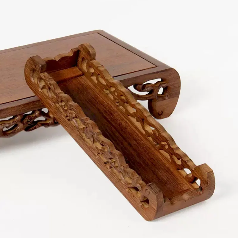 Chicken Wing Wood Ornament Base, Rectangular Stone Flower Pot, Solid Wood Base, Mahogany Carving, Buddha