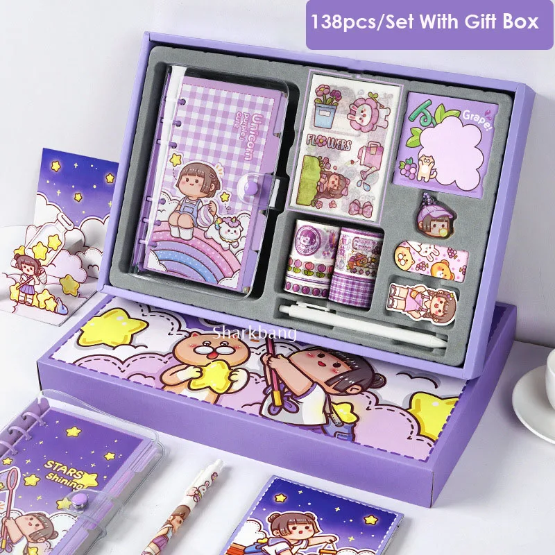 

2023 Binder Ring Notebook Full Set 138pcs/Set Loose Leaf Diary Journals Agenda Refill Paper Gift Set Kawaii Stationery