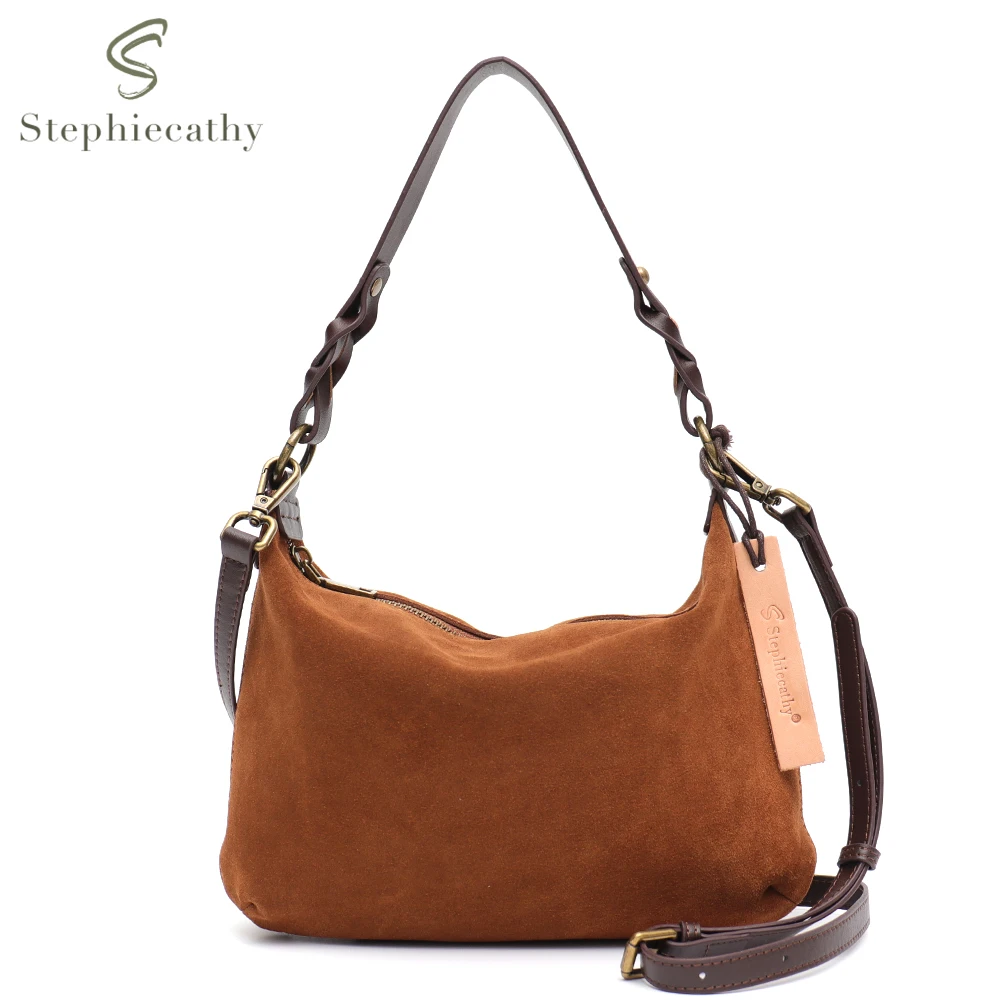 

SC Luxury Genuine Nubuck Leather Women Shoulder Bag Winter Casual Real Cowhide Underarm Hobo Braid Strap Handbag Crossbody Purse