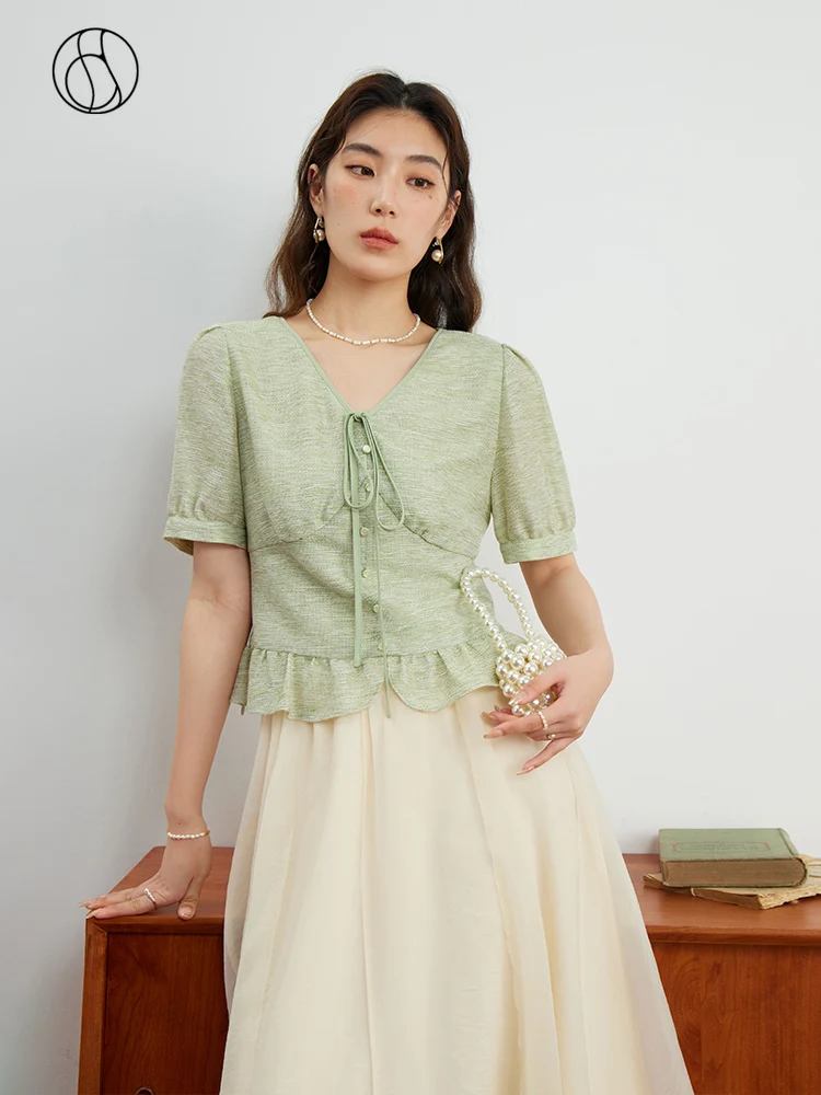 

DUSHU French Temperament Lightweight Breathable Small Shirt for Women Summer Newly Slim Fit V-neck Shirt Top for Female