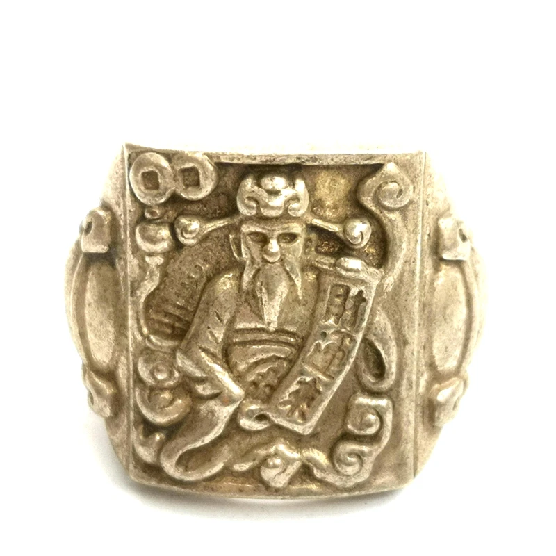 

Old Collection China Tibet Silver Carving God of Wealth Statue Ring Wonderful Decoration Gift