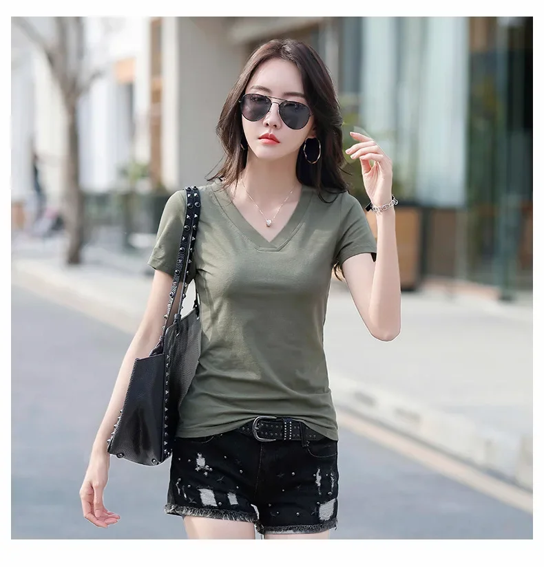 White V-neck Sleeved T-shirt for Women's Summer Wear 2024 New Korean Version Loose Half Sleeved T-shirt Short Upper Garment