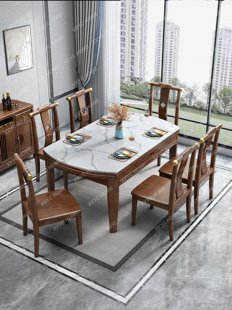 

Stone Plate Folding Dining Table Retractable Dining Tables and Chairs Set Walnut Small Apartment Home round Table Dining Table