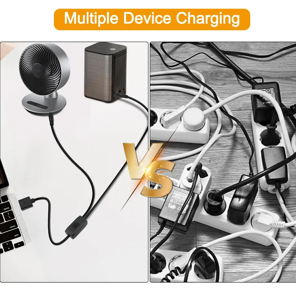 Dual DC Splitter Cable with USB Type-C to 5.5x2.5mm Power Supply Adapter