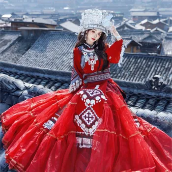 The new ethnic costume women's red wedding dress performance evening gown travel photography