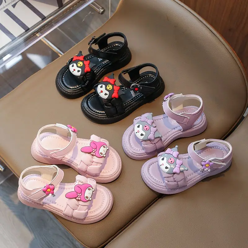 

2024 Kuromi Girls Shoes Sanrio Kawaii Anime Children Princess Sandals Summer Sweet Cute Soft Soled Sandals Tide Gift for Kids