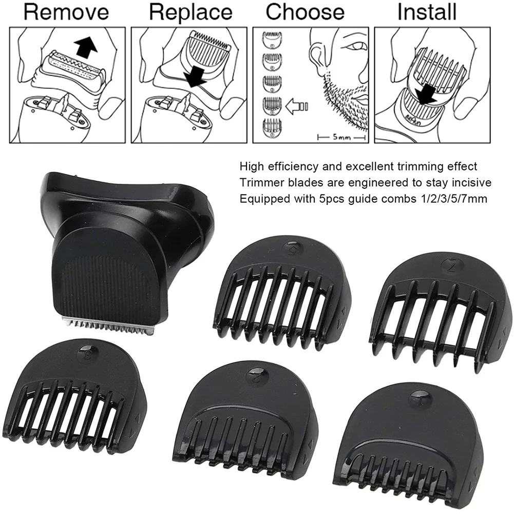 

Beard Trimmer Head, Replacement Shaver Trimmer Head with 5-Piece 1/2/3/5/7Mm Guide Comb Trimming Set for Braun Series 3