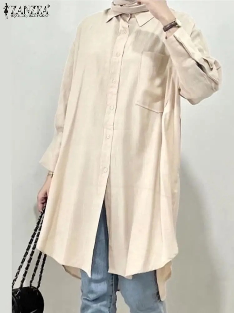 

Осенняя женская блузка ZANZEA, мусульманские Модные топы, рубашка с длинным рукавом и воротником с лацканами, Турецкая Абая, изящная одежда, повседневная блузка оверсайз