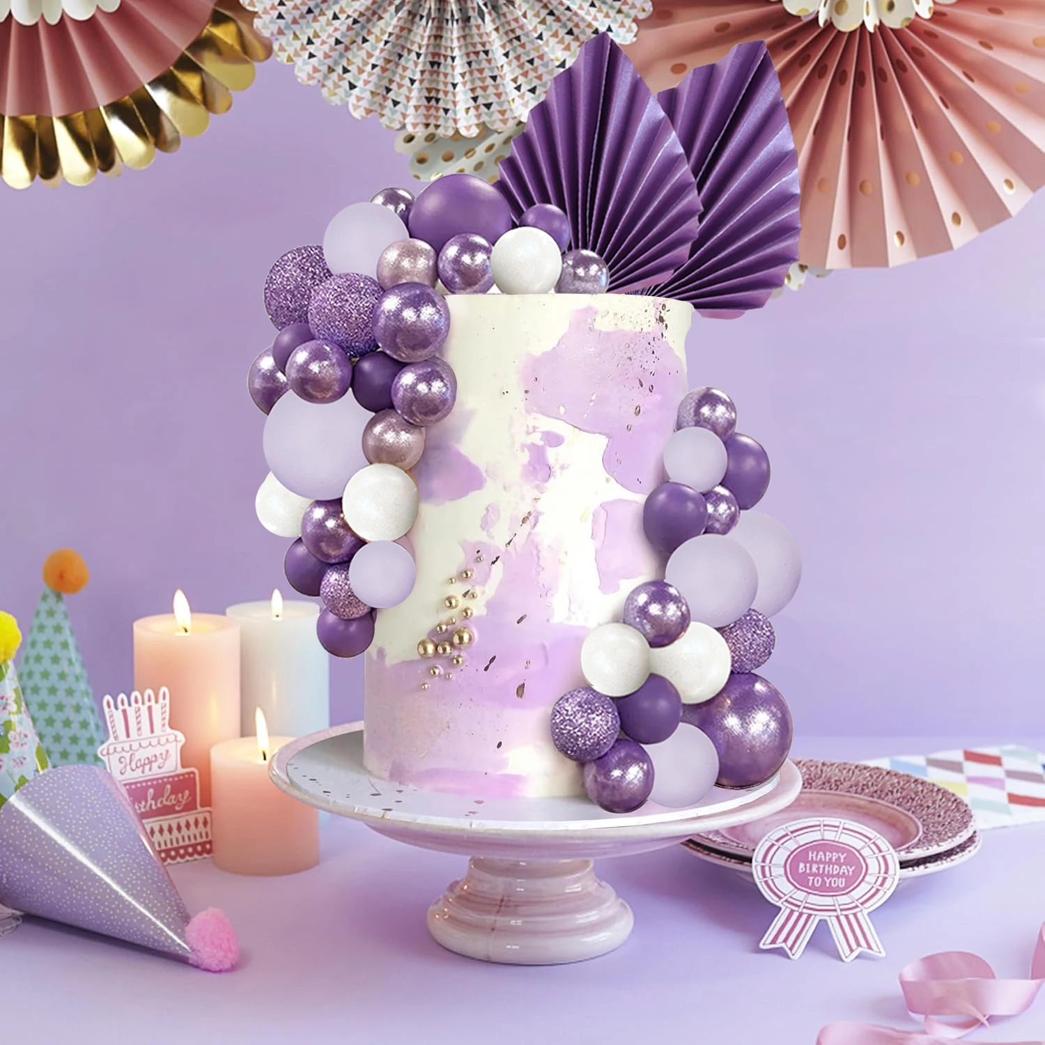 Cake Toppers Purple Cake Topper Set Pearl Glitter Purple Foam Balls for Cake Decorating DIY Weddiing Birthday Baby Shower Party Supplies