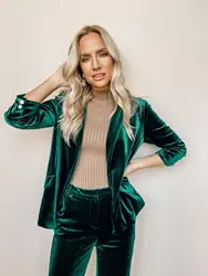 Lapela magro ajuste de veludo blazer feminino 2021 outono e inverno nova moda verde de mangas compridas blazer