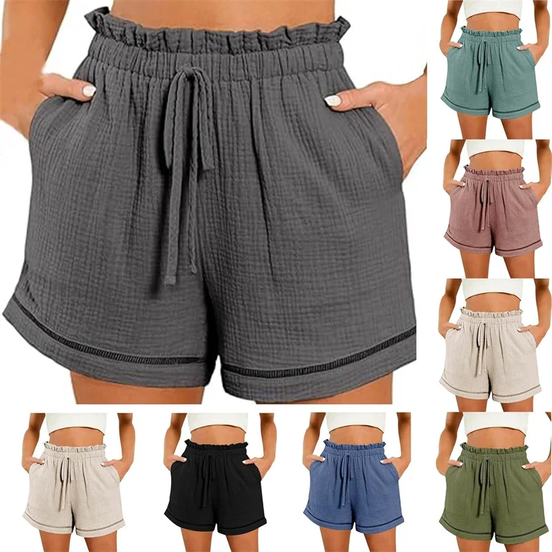 Summer Women's High Waist Shorts Solid Loose Casual Elastic Waist Wide Leg Shorts with Pockets Ladies Comfortable Beach Shorts