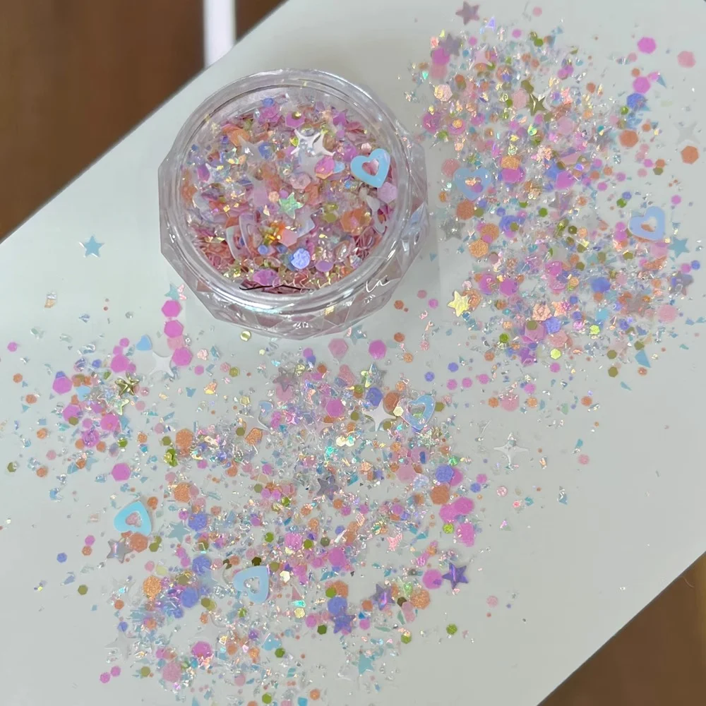 1박스 믹스 홀로 무지개빛 하트 스타 네일 글리터 스팽글 화려한 반짝이 청키 플레이크 매니큐어 DIY Y2K 여름 네일 플레이크