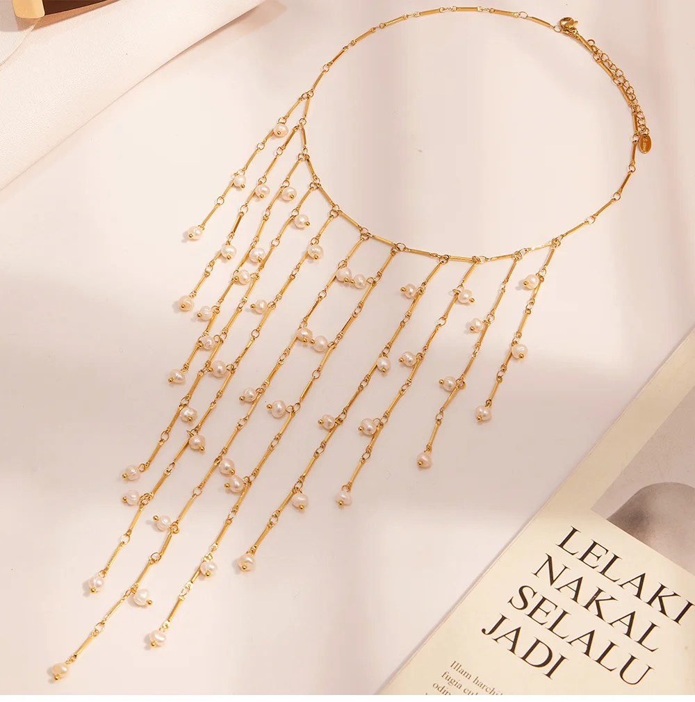 Goldene Silber Natürliche Süßwasser Perle Halskette frauen Edelstahl Vergoldet Lange Quaste Halsband Femme Elegante Schmuck – Detail 14
